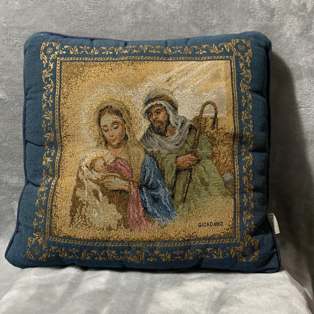 Riverdale Nativity Tapestry Throw Pillow Giordano Made in USA Blue Christian Vtg
